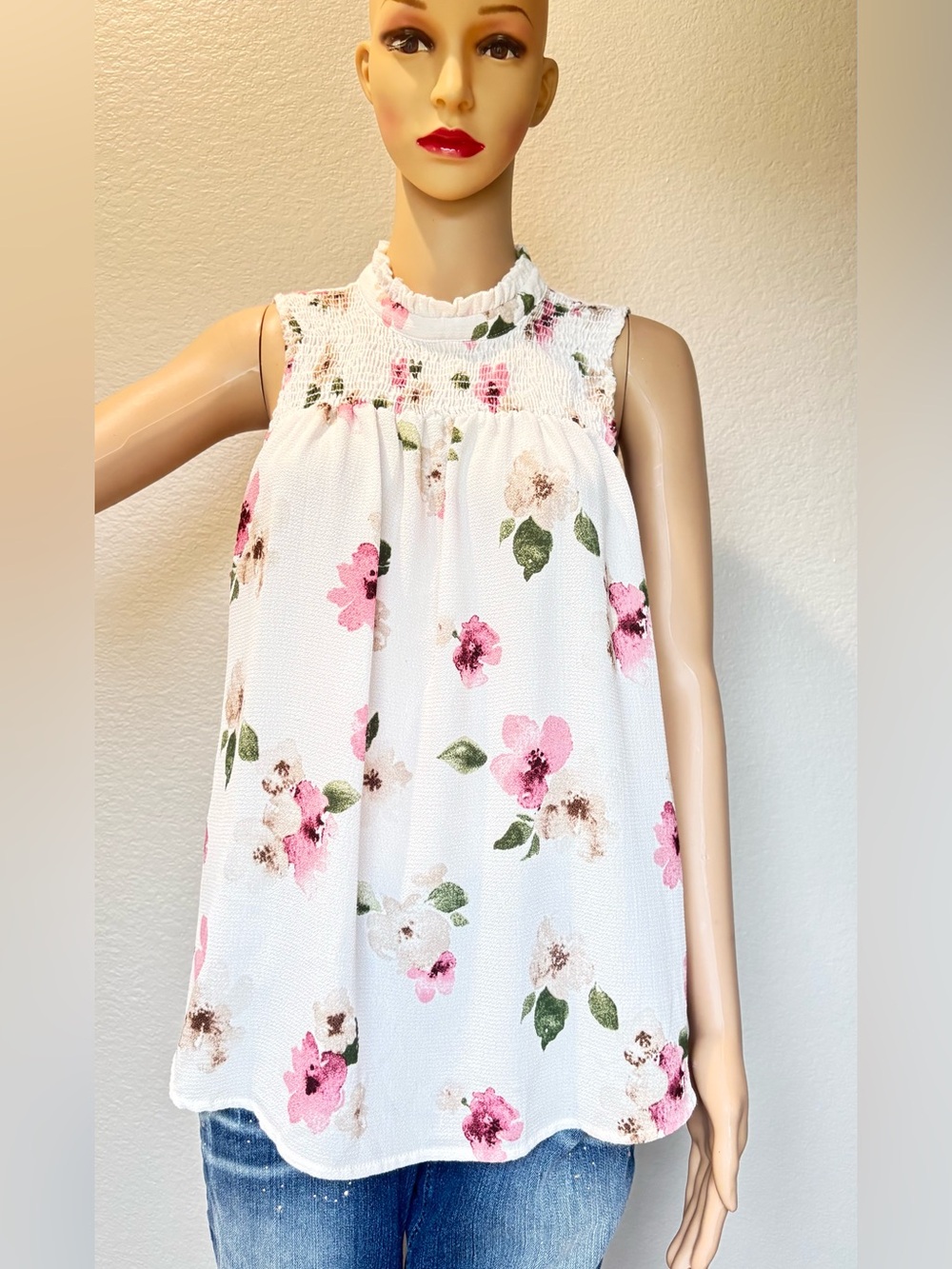 Ember Sleeveless White Floral Smocked Neck Blouse